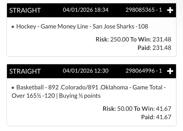 Winning bet slip posted by a SharpAi member