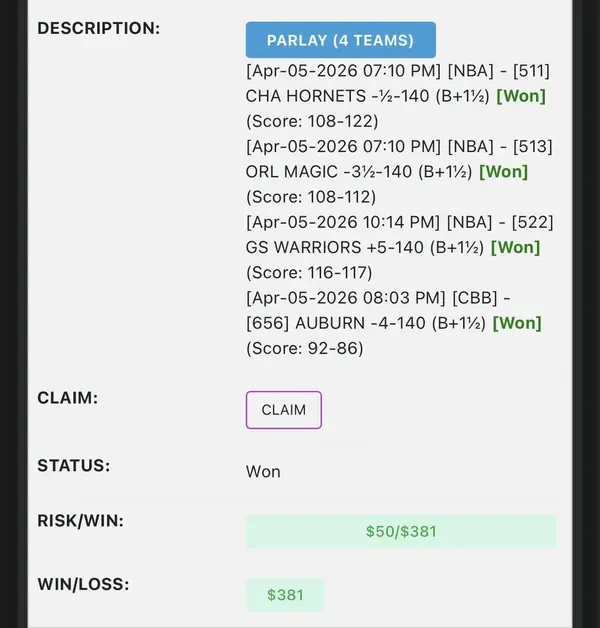 Winning bet slip posted by a SharpAi member