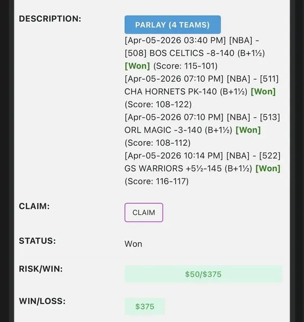 Winning bet slip posted by a SharpAi member