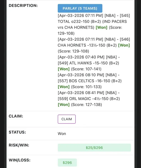 Winning bet slip posted by a SharpAi member