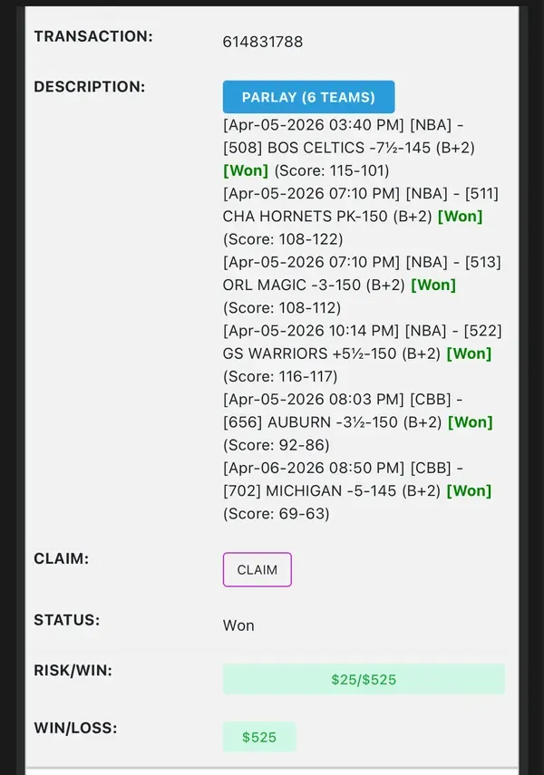 Winning bet slip posted by a SharpAi member