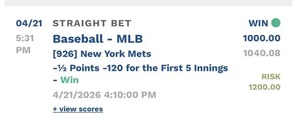 Winning bet slip posted by a SharpAi member