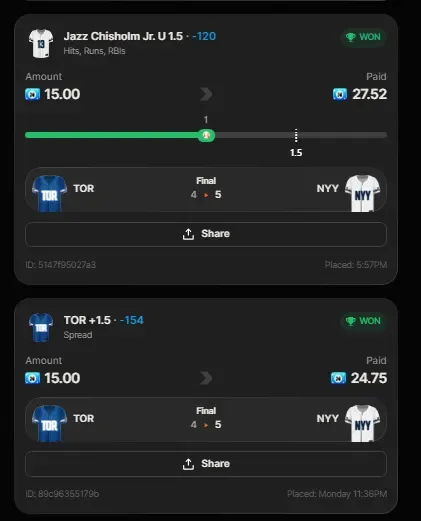 Winning bet slip posted by a SharpAi member