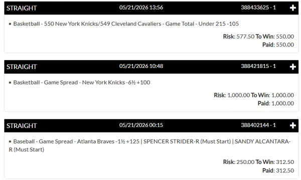 Winning bet slip posted by a SharpAi member