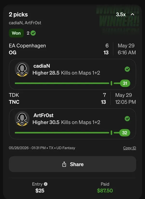 Winning bet slip posted by a SharpAi member