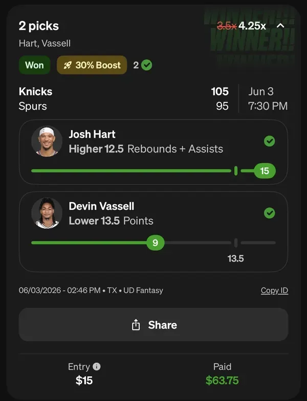 Winning bet slip posted by a SharpAi member