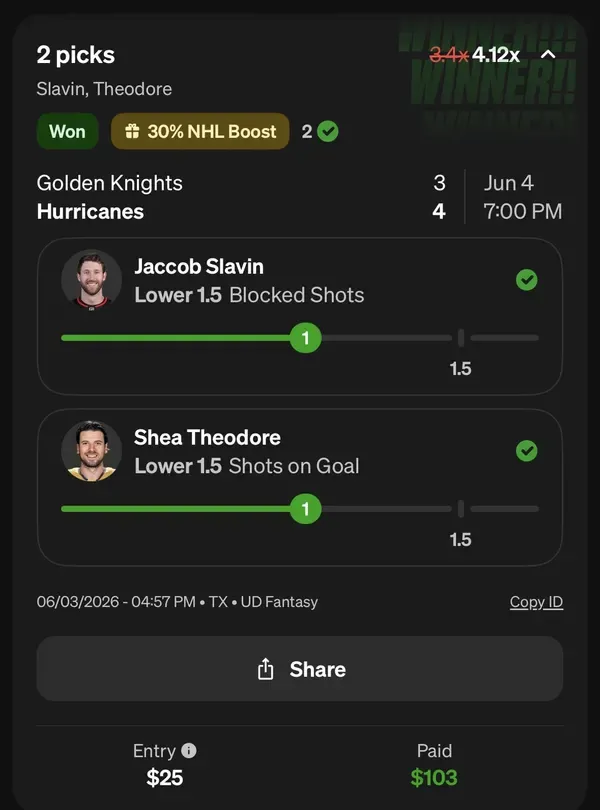 Winning bet slip posted by a SharpAi member