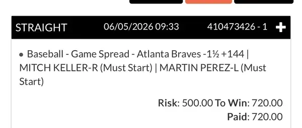 Winning bet slip posted by a SharpAi member
