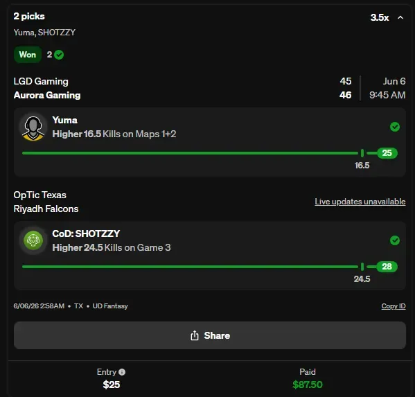 Winning bet slip posted by a SharpAi member