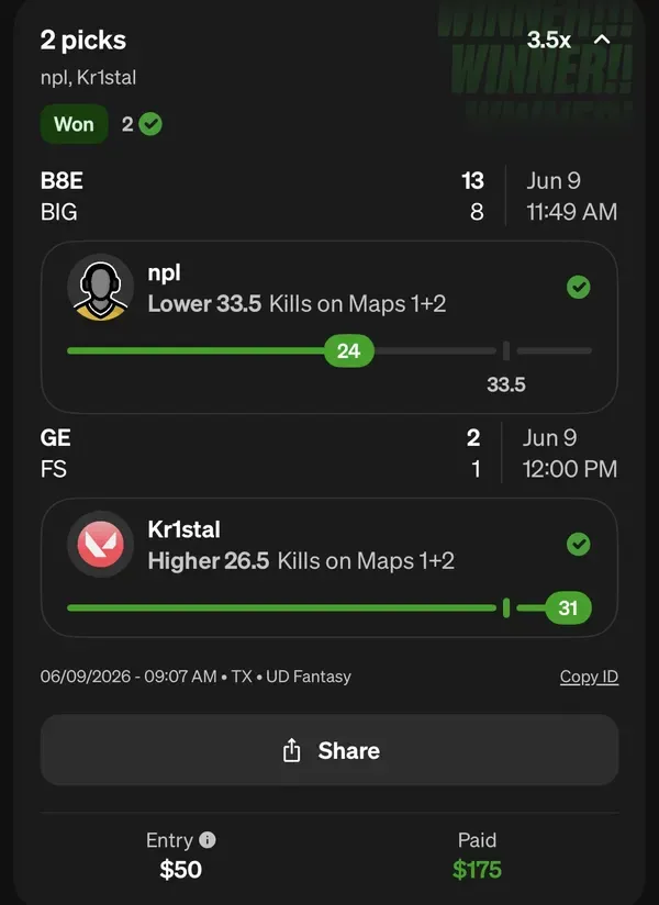 Winning bet slip posted by a SharpAi member
