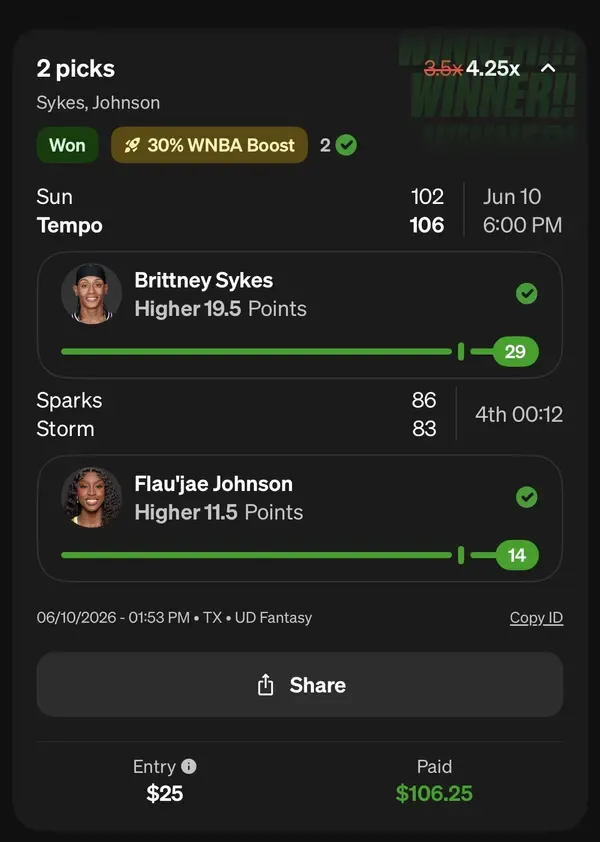 Winning bet slip posted by a SharpAi member